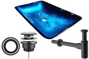 ZESTAW  4w1 :SZKLANA UMYWALKA 56x36x9,5 cm NABLATOWA, NIEBIESKA Costabella + pierścień montażowy+ korek+ syfon czarny mat  