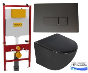 Stelaż profesjonalny podtynkowy 110x54x16 cm z przyciskiem CZARNYM, MEGA  +Czarna miska WC rimless bezkołnierzowa +deska soft -close Slim,DELOS 