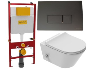 ZESTAW 3w1 : Miska WC z funkcją bidetu, Tornado z baterią ciepła zimna /woda +deska duroplast slim soft close, biała Viba Azul  + STELAŻ profesjonalny podtynkowy + przycisk czarny MEGA 