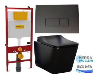 Stelaż profesjonalny podtynkowy 110x54x16 cm z przyciskiem CZARNYM, MEGA +  Miska WC 51,5x36x34 cm podwieszana bezkołnierzowa + deska SLIM soft close, czarny mat Tinos