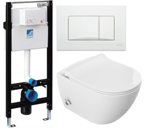 ZESTAW  5w1: Miska WC z  funkcją  bidetu Rimless 51x36x32,5 cm i z baterią ciepła zimna /woda +deska duroplastslim soft close , biała 