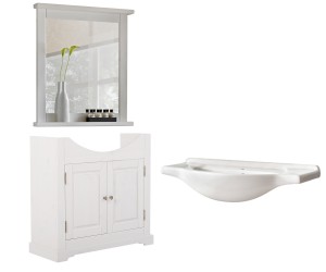 Szafka 85x81x32 cm z umywalką + Lustro łazienkowe w ramie 70 x80 cm białe z półką , biały   ROMANTIC 
