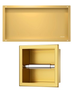 ZESTAW : Półka wnękowa 60×30×10 cm ze stali nierdzewnej bez kołnierza, złota PVD  + Uchwyt na papier 17,3 x 17,3 x 8,6 cm złoty