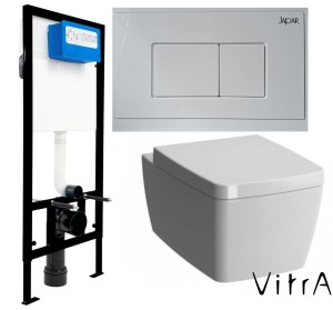ZESTAW 3w1 : Miska Podwieszana Metropole Rimless 56x36 Vitra + deska , biała  +Stelaż podtynkowy WC SLIM 113x52x12cm + PRZYCISK - German Quality , Japar 
