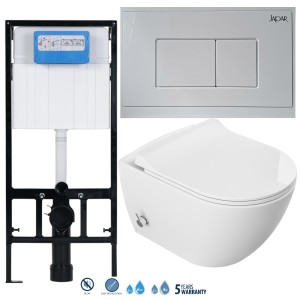 ZESTAW 3w1 : Miska WC z  funkcją  bidetu Rimless 51x36x32,5 cm i z baterią ciepła zimna /woda +deska duroplastslim soft close , biała +  Stelaż podtynkowy WC SLIM 113x52x12cm German Quality , Japar