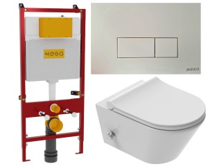 ZESTAW 3w1 : Miska WC z funkcją bidetu, Tornado z baterią ciepła zimna /woda +deska duroplast slim soft close, biała Viba Azul  + STELAŻ profesjonalny podtynkowy + przycisk biały MEGA