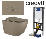 ZESTAW 4w1 CREAVIT, cappuccino ultra mat :  Miska WC podwieszana bezrantowa Free+ deska soft-close + przycisk + Stelaż podtynkowy, Regulacja 180-230 mm, 3/6L, 300kg   