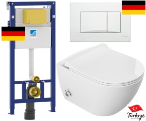 ZESTAW  5W1 : Miska WC z bidetem Rimless 51x36x32,5 cm i z baterią ciepła zimna /woda +  deska duroplastslim soft close + stelaż + przycisk biały SCHWAB 