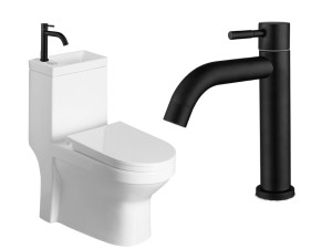 ZESTAW : Kompakt WC z umywalką 36,5x78x72cm + deska soft-close, odpływ uniwersalny: pion lub poziom HYGIE + Bateria czarna na zimną wodę