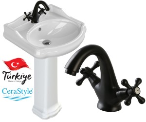 Umywalka z postumentem 60x54 cm RETRO ceramiczna , biała CeraStyle  + BATERIA RETRO BLACK