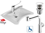 ZESTAW 4w1:Umywalka dla niepełnosprawnych 60x50cm , biała CeraStyle + Bateria z uchwytem łokciowym+ Syfon umywalkowy oszczędzający miejsce , mosiądz / chrom + korek 
