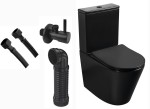 ZESTAW : Kompakt WC premium  815x385x630 mm RIMLESS pionowy/poziomy +deska SLIM  Soft Close duroplsast , czarny MAT Bellamonte  + Wąż  FxF 3/8"x3/8", 60cm + ZAWÓR KĄTOWY Z GŁOWICĄ CERAMICZNĄ okrągły 1/2 x 3/8 + Złącze WC czarne
