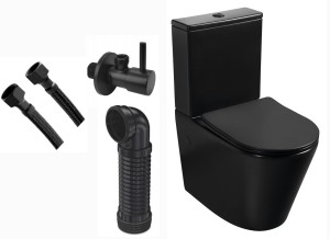 ZESTAW : Kompakt WC premium  815x385x630 mm RIMLESS pionowy/poziomy +deska SLIM  Soft Close duroplsast , czarny MAT Bellamonte  + Wąż  FxF 3/8"x3/8", 60cm + ZAWÓR KĄTOWY Z GŁOWICĄ CERAMICZNĄ okrągły 1/2 x 3/8 + Złącze WC czarne