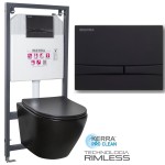 ZESTAW 3w1 :Czarna miska WC rimless bezkołnierzowa +deska soft -close Slim,DELOS + stelaż z czarnym przyciskiem