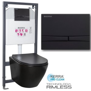 ZESTAW 3w1 :Czarna miska WC rimless bezkołnierzowa +deska soft -close Slim,DELOS + stelaż z czarnym przyciskiem