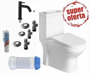 ZESTAW : Kompakt wc z umywalką 36,5x78x72cm i baterią czarna i deską+ odpływ wc + 3 zaworki , biały  Alcatraz  