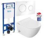 Miska WC z  funkcją  bidetu Rimless 51x36x32,5 cm i z baterią ciepła zimna /woda +deska duroplastslim soft close , biała+ Stelaż podtynkowy 475x107x1120 mm z przyciskiem  Roca PL10 ONE Biały
