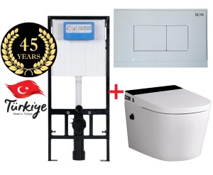 Inteligentna toaleta ‎59x36,5x37,5 cm wisząca / wbudowany zbiornik na wodę+  rama montażowa , biała + Stelaż podtynkowy WC SLIM 113x52x12cm + PRZYCISK - German Quality , Japar od 1986 r