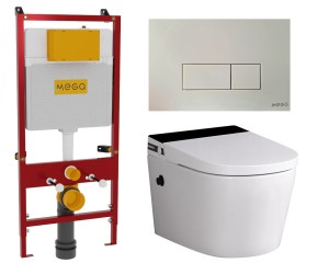 Inteligentna toaleta ‎59x36,5x37,5 cm wisząca / wbudowany zbiornik na wodę+  rama montażowa , biała + Stelaż profesjonalny podtynkowy 110x54x16 cm+ przycisk , MEGA