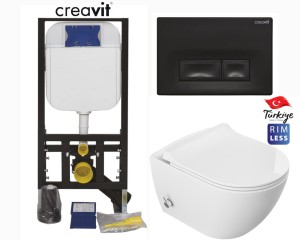 Miska WC z  funkcją  bidetu Rimless 51x36x32,5 cm i z baterią ciepła zimna /woda +deska duroplastslim soft close , biała  + Stelaż podtynkowy CREAVIT GR5003+ czarny przycisk