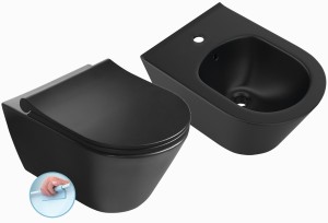 ZESTAW CZARNY : Miska WC 35,5x53 cm  Rimless  z deską SLIM + Bidet wiszący 35,5x53 cm  AVVA