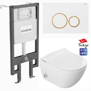 Miska WC z  funkcją  bidetu Rimless 51x36x32,5 cm i z baterią ciepła zimna /woda +deska duroplastslim soft close , biała  + STELAŻ 111-131x52,5 cm z przyciskiem Biały/Złoty