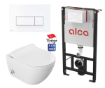 Miska WC z funkcją bidetu rimless 51x36x32,5 cm i z baterią ciepła zimna /woda +deska duroplastslim soft close + stelaż Alca AM101/1120 + przycisk biały Alcaplast M570