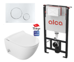 Miska WC z funkcją bidetu rimless 51x36x32,5 cm i z baterią ciepła zimna /woda +deska duroplastslim soft close + stelaż Alca AM101/1120+ przycisk chrom połysk Alcaplast M671