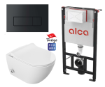 Miska WC z funkcją bidetu rimless 51x36x32,5 cm i z baterią ciepła zimna /woda +deska duroplastslim soft close + stelaż Alca AM101/1120+ przycisk czarny mat Alcaplast M578
