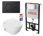 Miska WC z funkcją bidetu rimless 51x36x32,5 cm i z baterią ciepła zimna /woda +deska duroplastslim soft close + stelaż Alca AM101/1120+ przycisk czarny mat Alcaplast M678