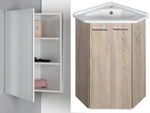 Szafka  z umywalką narożną 39x74x39cm, dąb platin + szafka narożna z lustrem 35x78x35cm, biały, ZOJA   