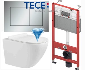 Miska  WC premium 48x37x37 cm, spłukiwanie  tajfun tornado + deska SLIM Soft Close duroplsast , biała Zoldo + Stelaż WC 112x50 cm ze spłuczką Base 6/3 L, TECE Base + przycisk chrom matowy 9240402