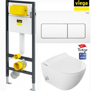 Miska WC z  funkcją  bidetu Rimless 51x36x32,5 cm i z baterią ciepła zimna /woda +deska duroplastslim soft close , biała  + Stelaż podtynkowy WC 112x49 cm / rozstaw 18 cm standard +przycisk biel alpejska , Viega Prevista Dry