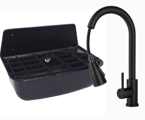 Zlew gospodarczy 520x212x365mm z syfonem, kratą i otworem na baterię czarny STYRON +Bateria kuchenna 42,5 cm z wyciągana wylewka/ obrotowa 360 , czarny mat