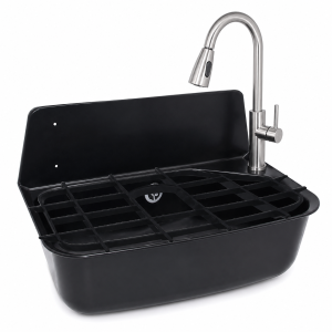Zlew gospodarczy 520x212x365mm z syfonem, kratą i otworem na baterię czarny STYRON +Bateria kuchenna 42,5 cm z wyciągana wylewka/ obrotowa 360 , chrom