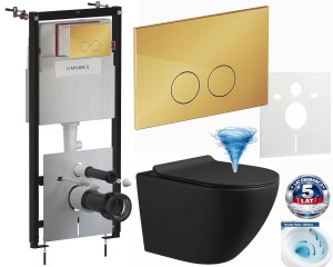 Stelaż + przycisk złoty + Miska  WC premium 48x37x37 cm, spłukiwanie  tajfun tornado + deska SLIM Soft Close duroplsast , CZARNY MAT Zoldo / 5 lat gwarancji  