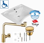  Umywalka dla niepełnosprawnych 60x50cm biała CeraStyle + syfon złoty oszczędzajacy miejsce + korek
