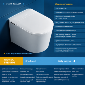 Inteligentna toaleta WC SMART 59,5x39x37 cm– wersja premium, bidet, suszenie, automatyczna deska, UVC,motor Schneider   biały połysk  Dolores 