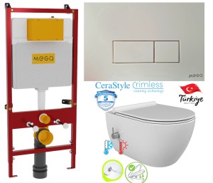 ZESTAW 3w1 :Miska WC z funkcją bidetu Rimless 52,4x37x34 cm i z baterią ciepła zimna /woda City+deska duroplastslim soft close , City + STELAŻ profesjonalny + przycisk biały MEGA 