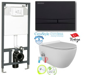 ZESTAW: Stelaż + czarny przycisk + Miska WC z funkcją bidetu Rimless 52,4x37x34 cm i z baterią ciepła zimna /woda CITY