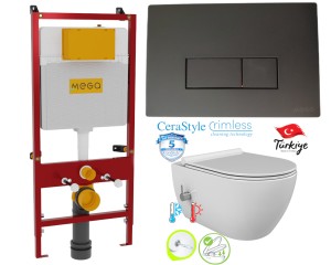ZESTAW 3w1 : Miska WC z funkcją bidetu Rimless 52,4x37x34 cm i z baterią ciepła zimna /woda City + STELAŻ profesjonalny podtynkowy + przycisk czarny MEGA  