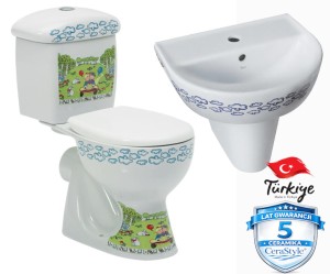 ZESTAW: WC kompakt dla dzieci 56x32x61 cm odpływ poziomy+ spłuczka + deska biała + umywalka z półpostumentem biały, CeraStyle Yumurcak