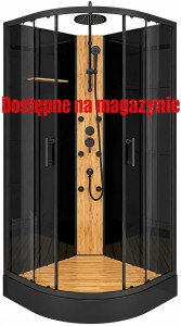 Kabina prysznicowa 90x90x225 cm/ 4 mm z hydromasażem półokrągła niski brodzik , Drzwi przesuwne podwójne, czarna/ bambus 
