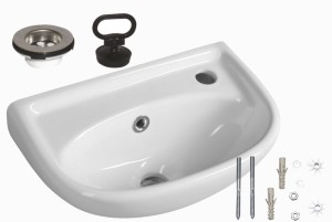 Mała umywalka ceramiczna 40x25 cm, biała + korek z uchem + śruby