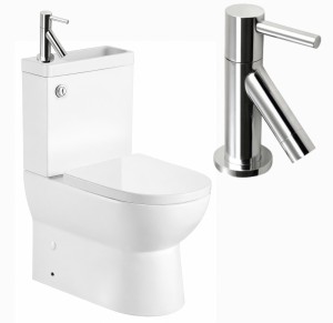 Kompakt WC z umywalką 38,5x78,5x63 cm Rimless+ deska soft-close, odpływ uniwersalny: pion /poziom JALTA HYGIE  + Bateria na zimną wodę