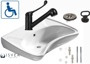 Umywalka dla osób niepełnosprawnych  59x45,5 cm, biała + BATERIA Z UCHWYTEM ŁOKCIOWYM I WYCIĄGANĄ WYLEWKĄ – CZARNA