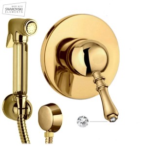 Bidetta komplet RETRO kryształ 7mm Swarovski pokrętło,bateria podtynkowa, wąż ZŁOTY    