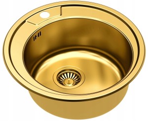 Zlewozmywak 49 cm okrągły wpuszczany stalowy+syfon,SteelQ PVD  złoty