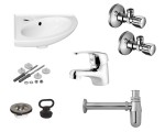 Umywalka narożna + bateria + syfon + chrom + zawory shell + korek Zestaw 6w1