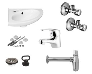 Umywalka narożna + bateria + syfon + chrom + zawory shell + korek Zestaw 6w1